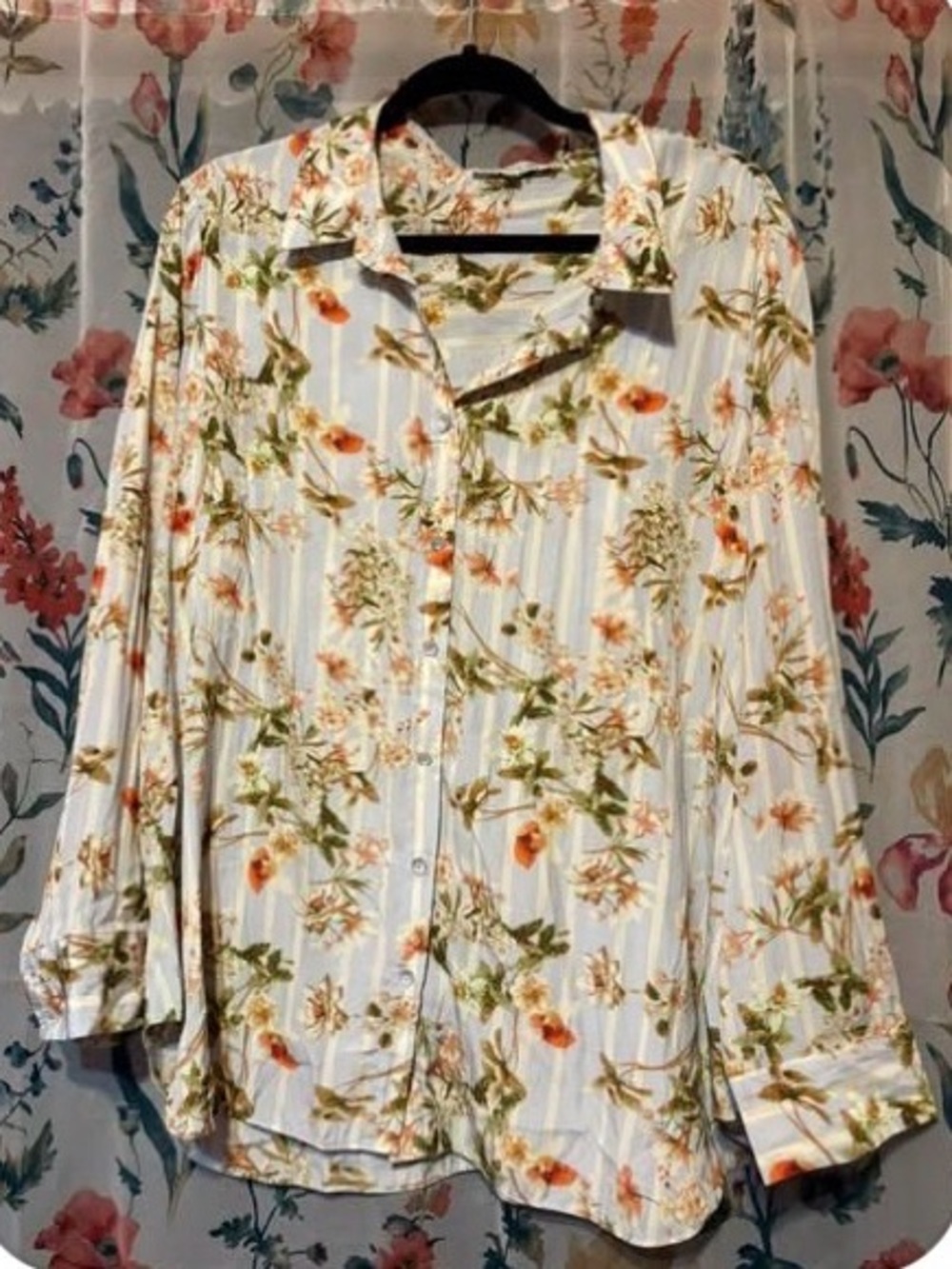 Rose & Olive White Floral Button-Down Shirt with Green and Orange Accents